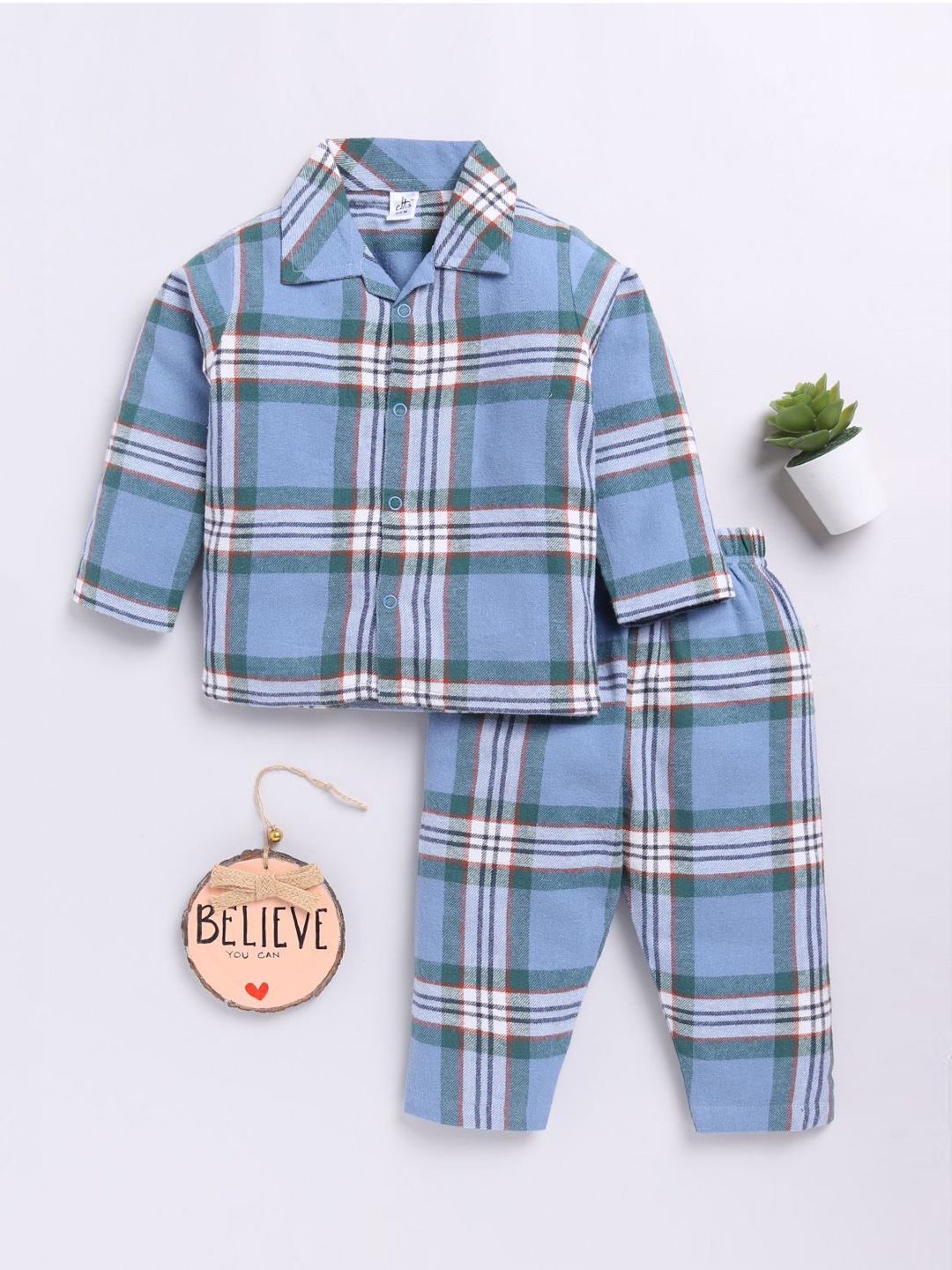

Clt.s Kids Pure Cotton Checked Printed Night suit, Blue