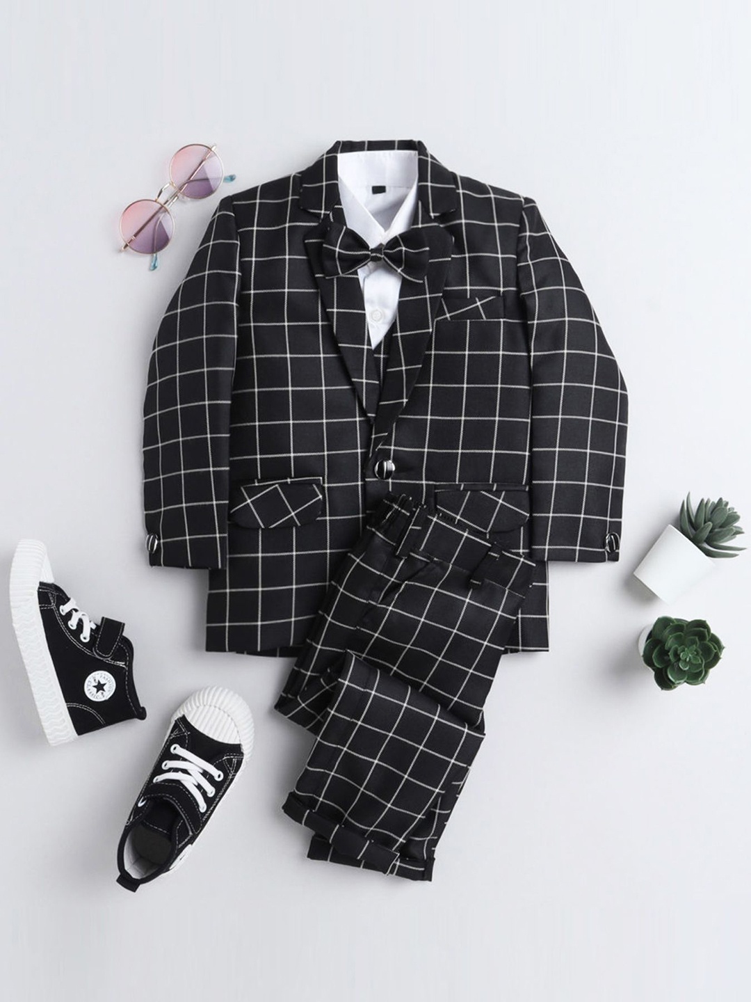 

BAESD Boys Checked Single-Breasted Four-Piece Party Suit, Black