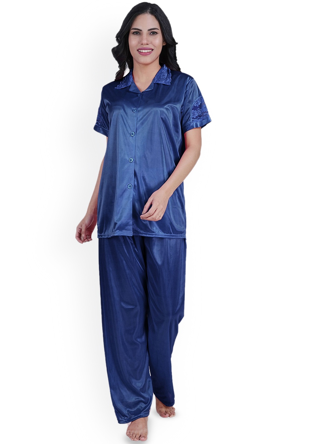 

Noty Women Self Design Lapel Collar Short Sleeves Night suit, Blue