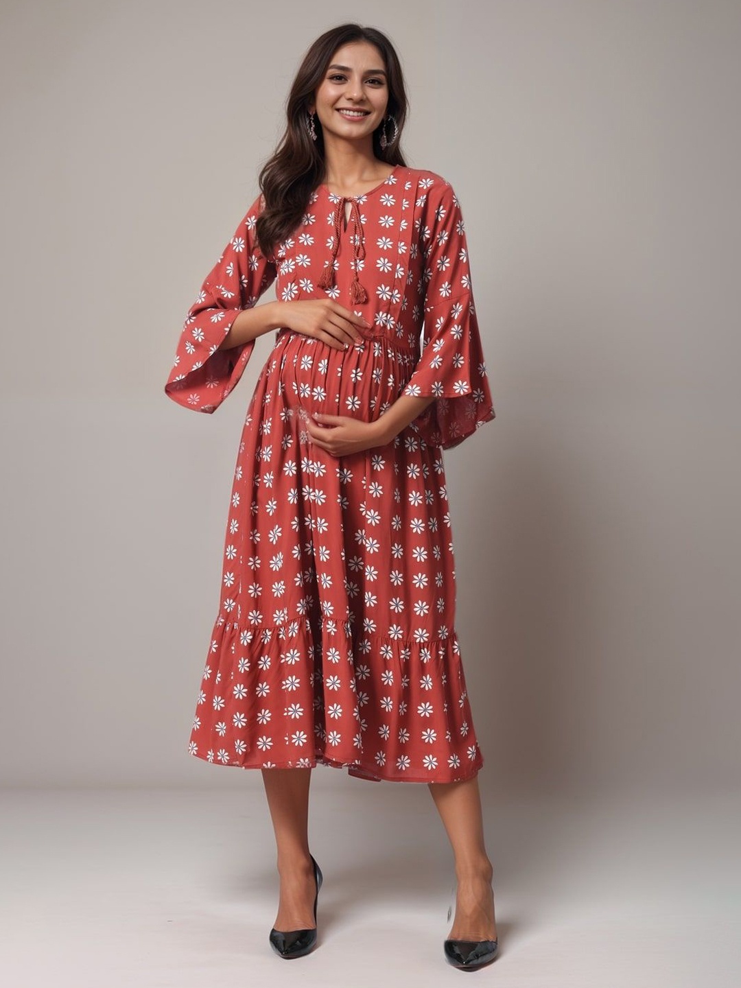 

Aaruvi Ruchi Verma Women Floral Printed Bell Sleeve Maternity A-Line Dress, Red