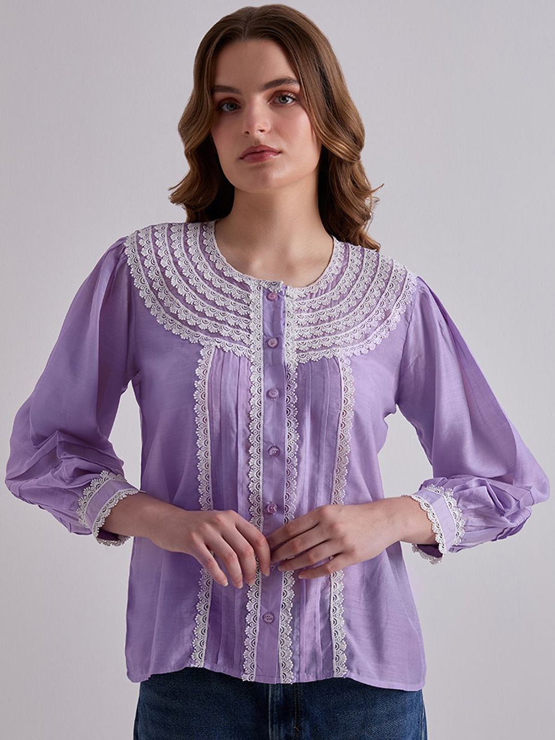 

TORSHA Women Geometric Printed Cotton Lace Regular Top, Purple
