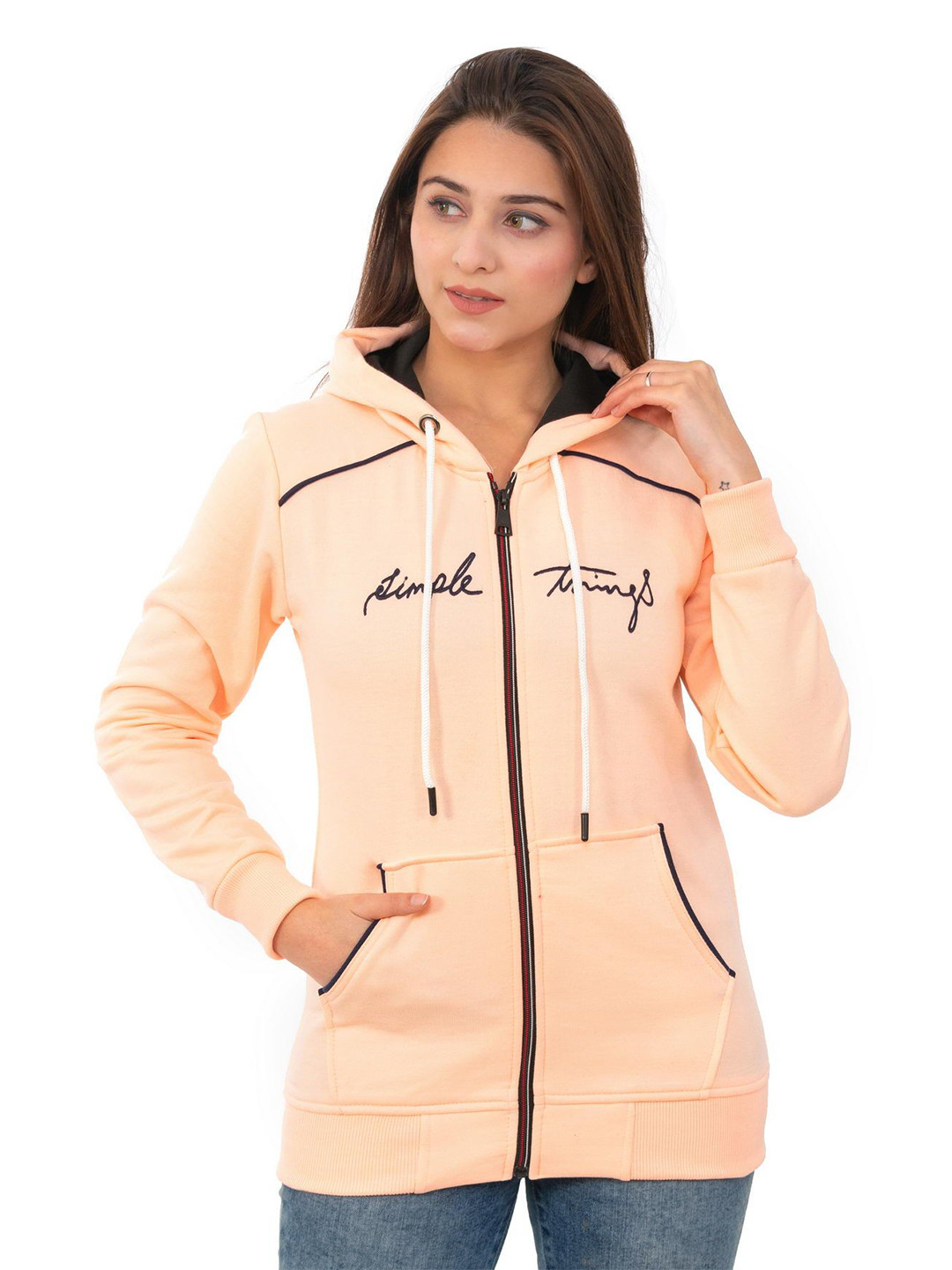 

LO G LO Women Printed Hooded Sweatshirt, Peach