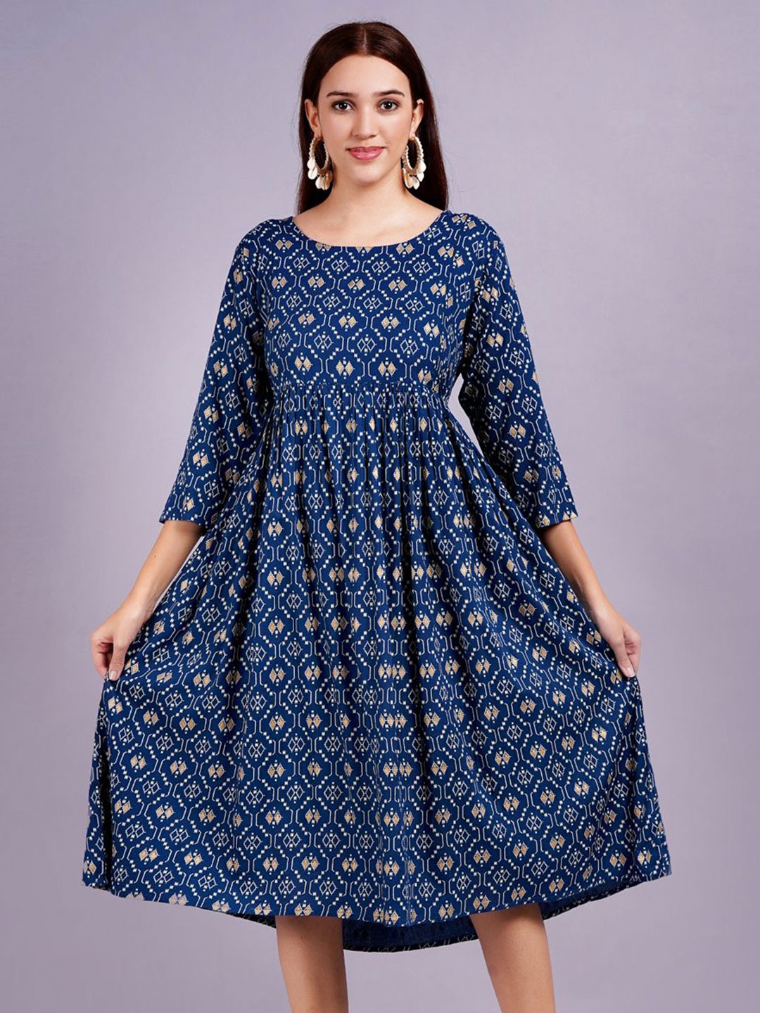 

KALINI Women Printed Round Neck Fit & Flare Dress, Blue