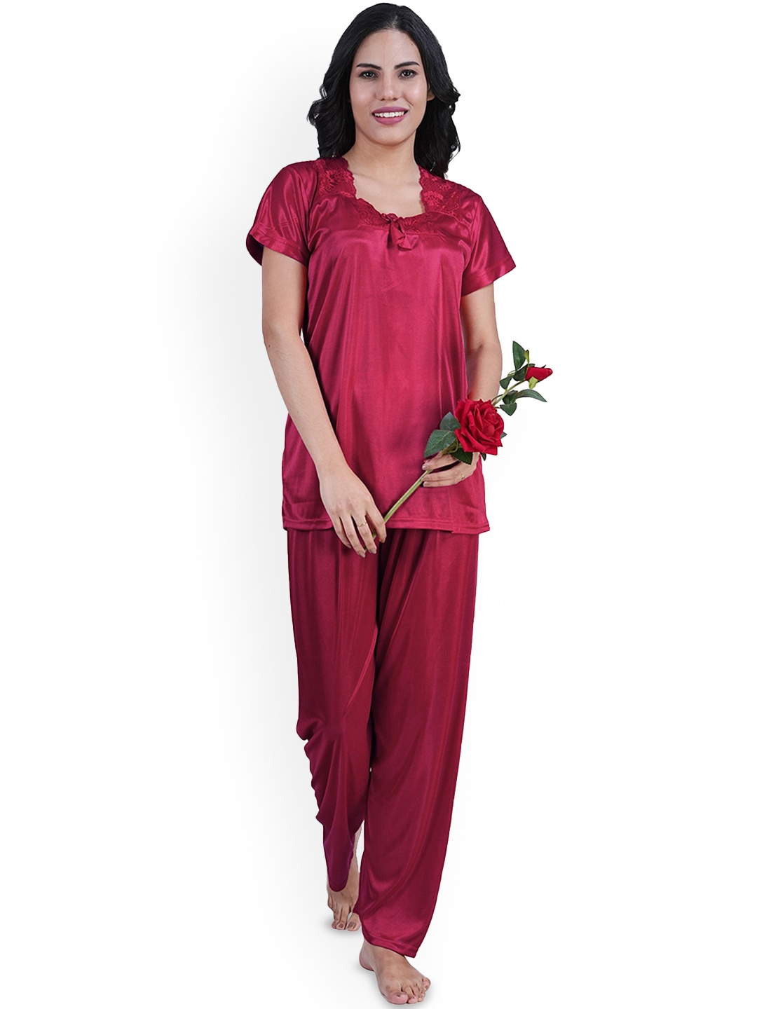 

Noty Women Satin Square Neck Night suit With Lace Work, Maroon