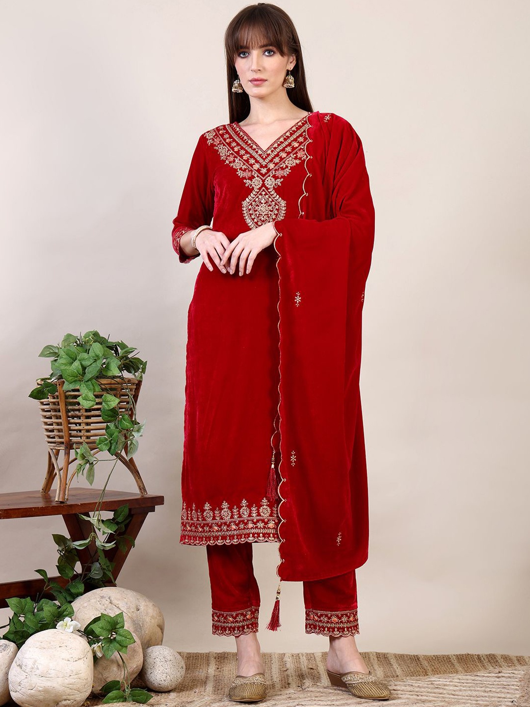 

KALINI Floral Embroidered Velvet Kurta With Trousers & Dupatta, Red