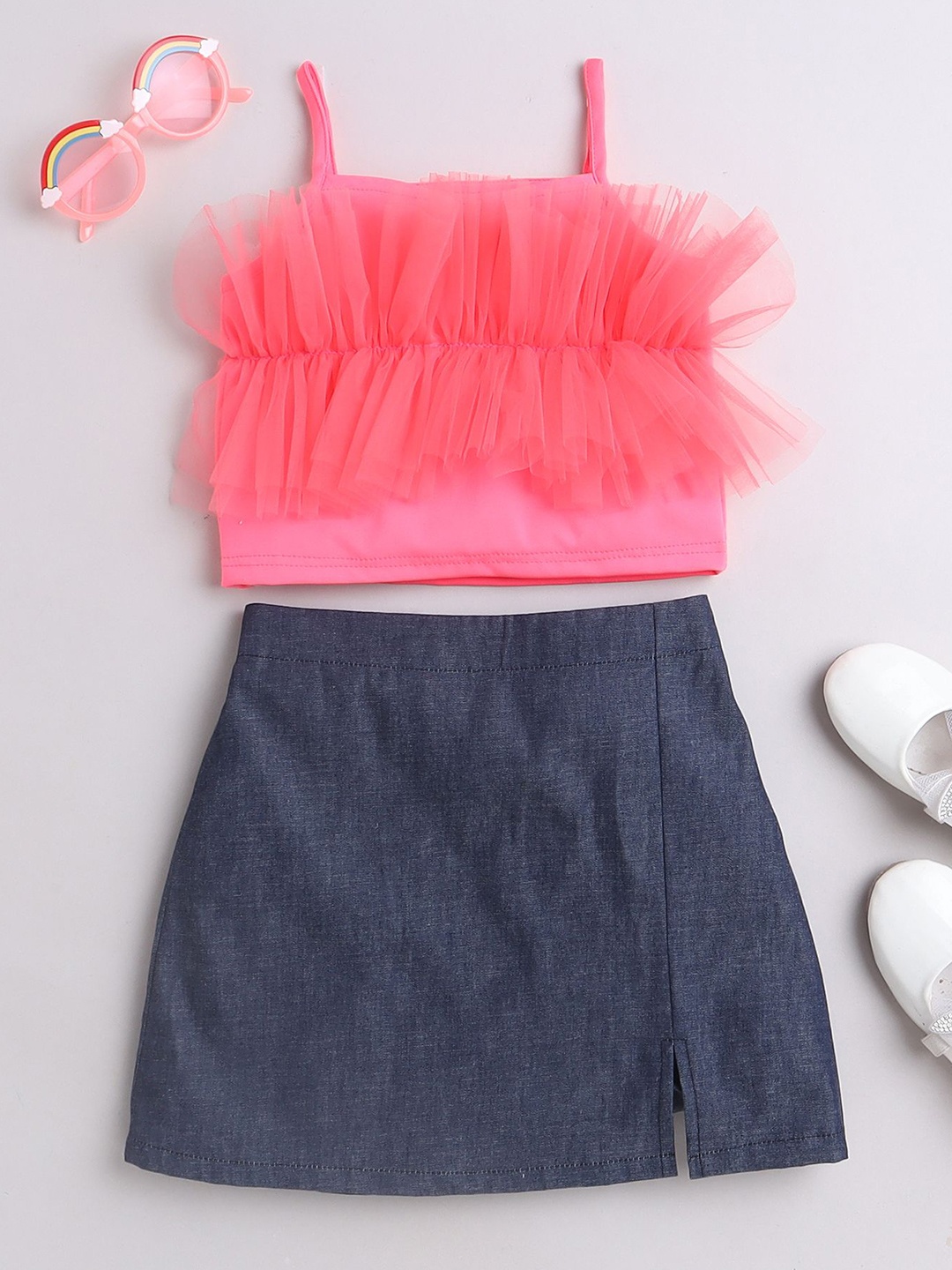 

taffykids Girls Sleeveless Crop Top With Skirt, Pink