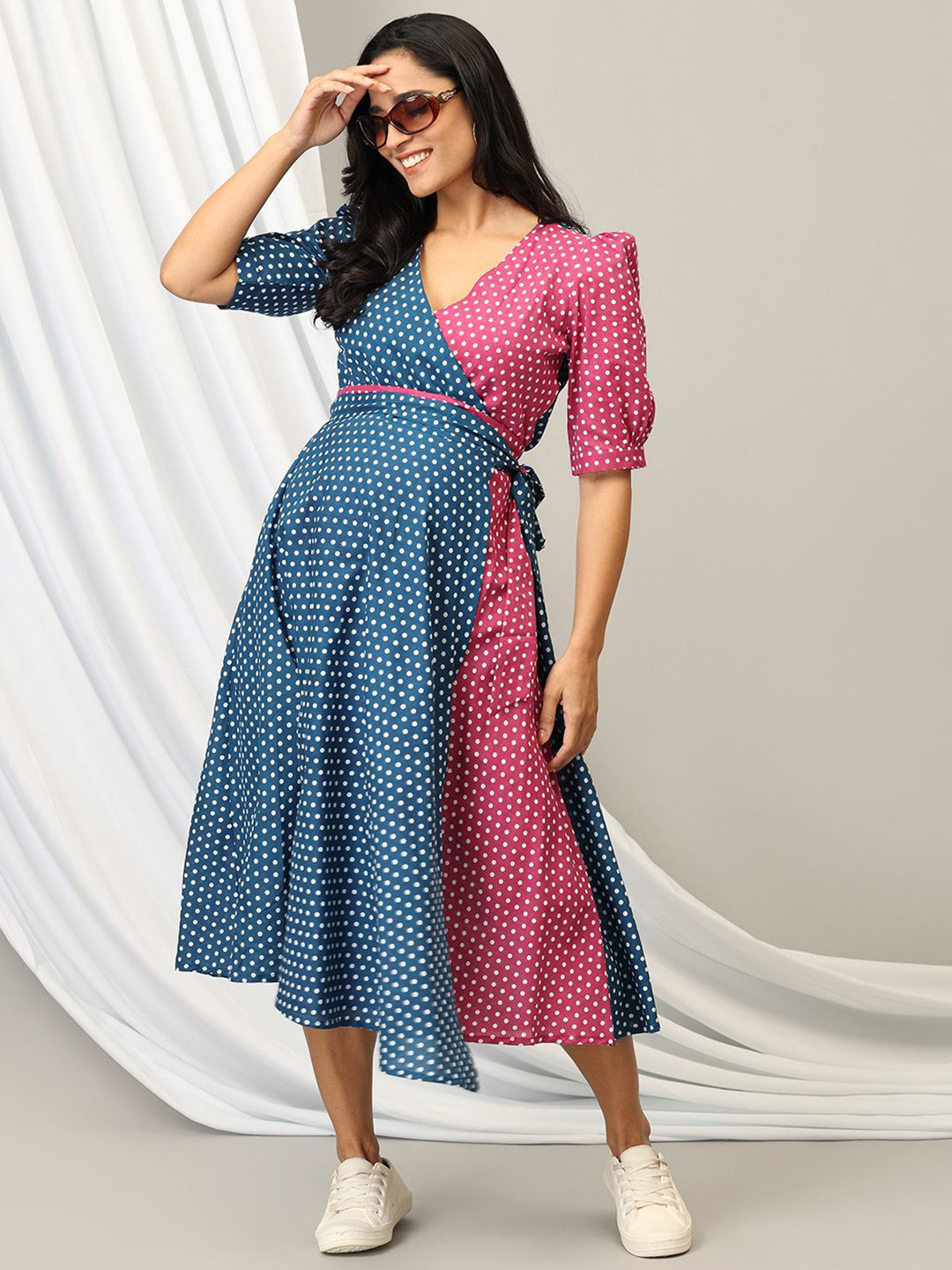 

The Mom Store Women Polka Dot Printed Puff Sleeve Maternity A-Line Wrap Midi Dress, Multi