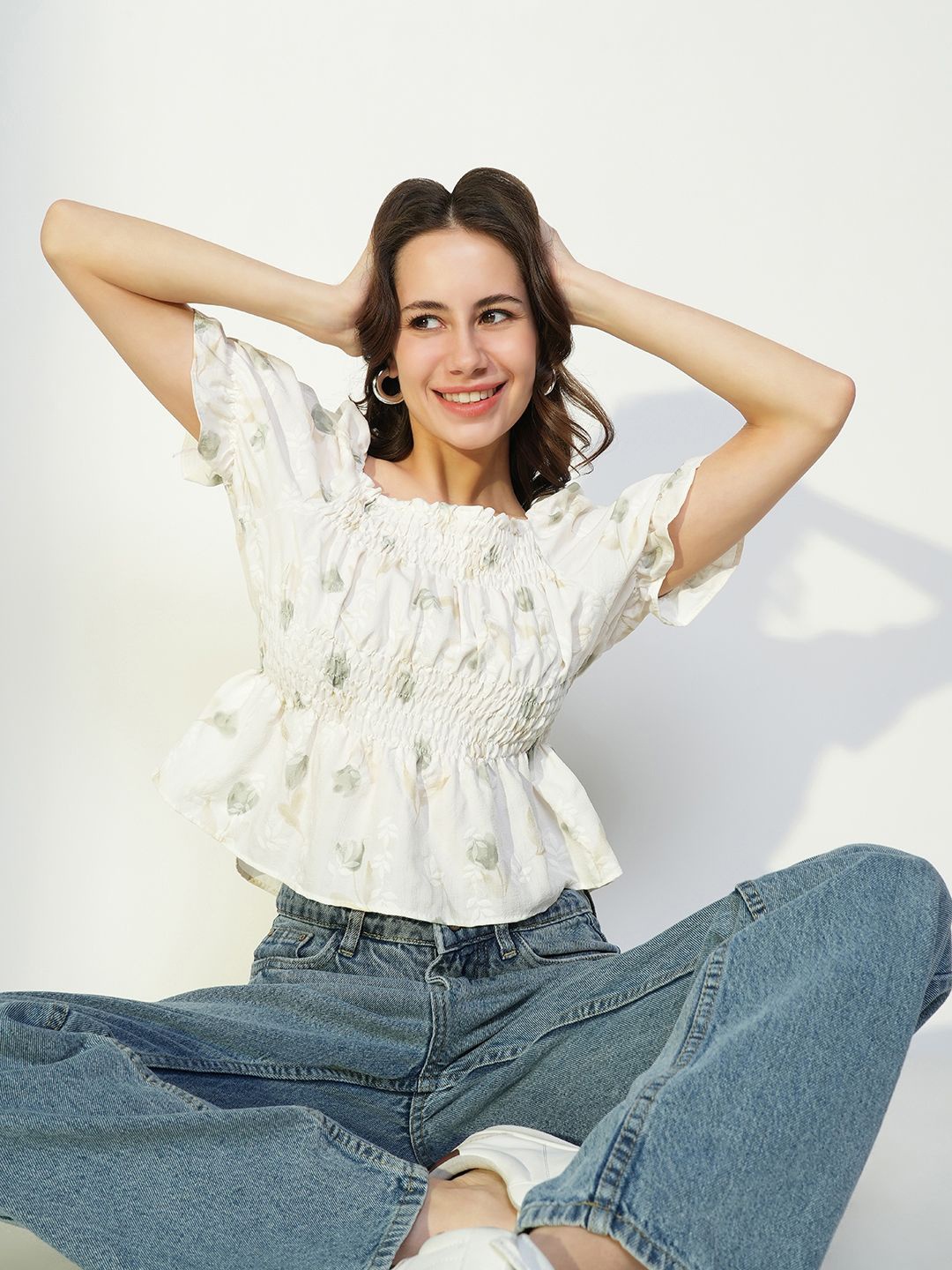 

SHOWOFF Women Floral Printed Square Neck Smocking Short Puff Sleeve Peplum Top, Off white
