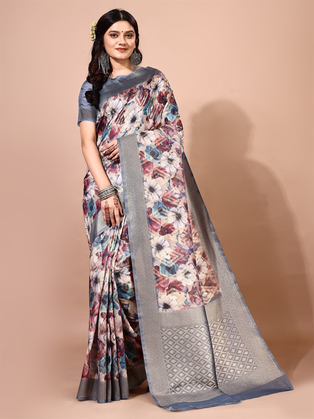 

Avyay Creation Floral Printed Zari Banarasi Saree, Blue