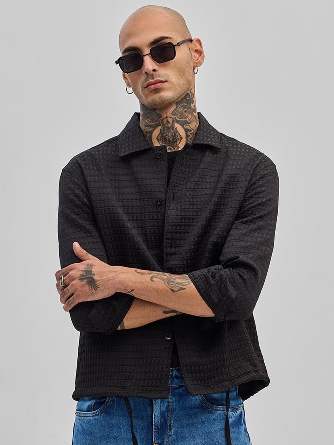

Snitch Men Smart Slim Fit Self-Design Casual Shirt, Black