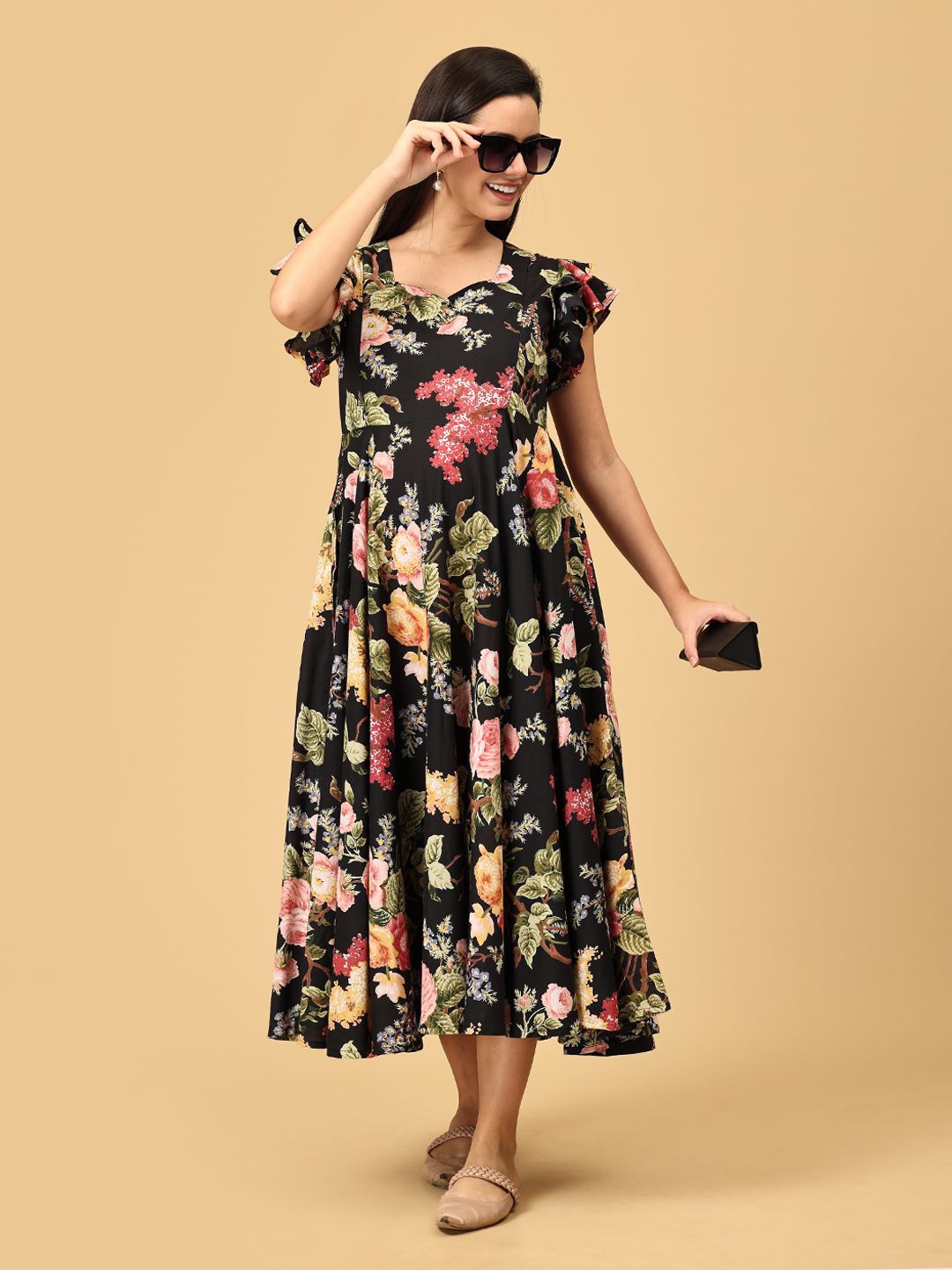 

The Mom Store Women Cotton Floral Printed Maternity Fit & Flare Maxi Dress, Black