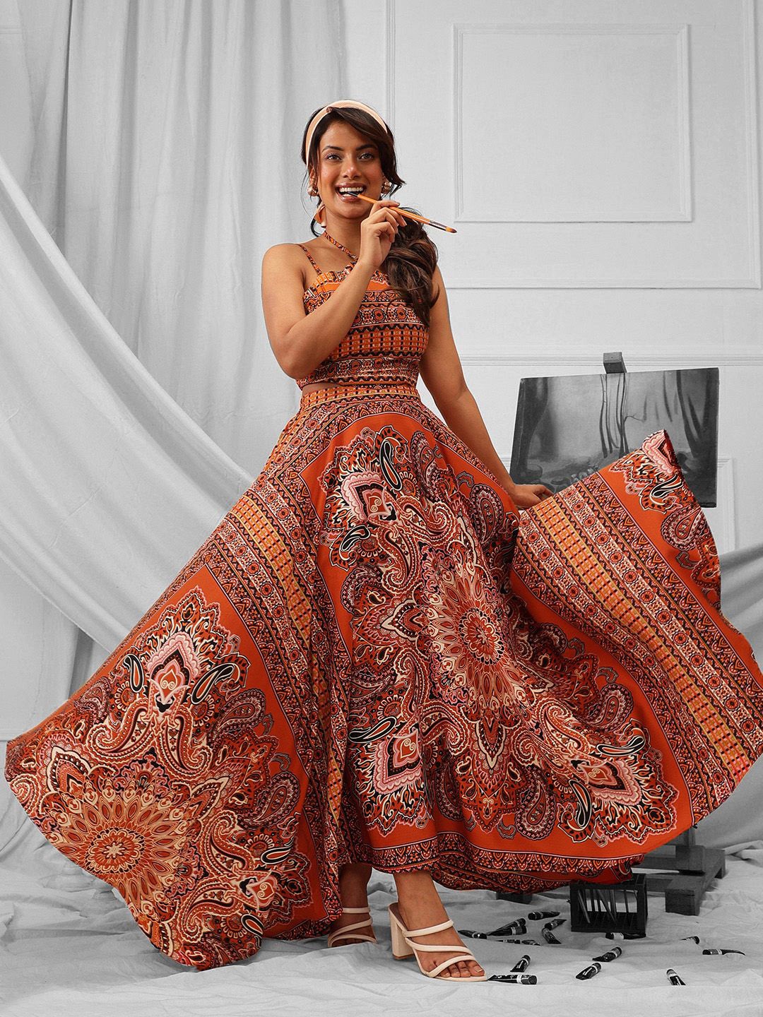 

QUIERO Ethnic Motifs Printed Crepe Cut-Outs Fit & Flare Maxi Dress, Orange