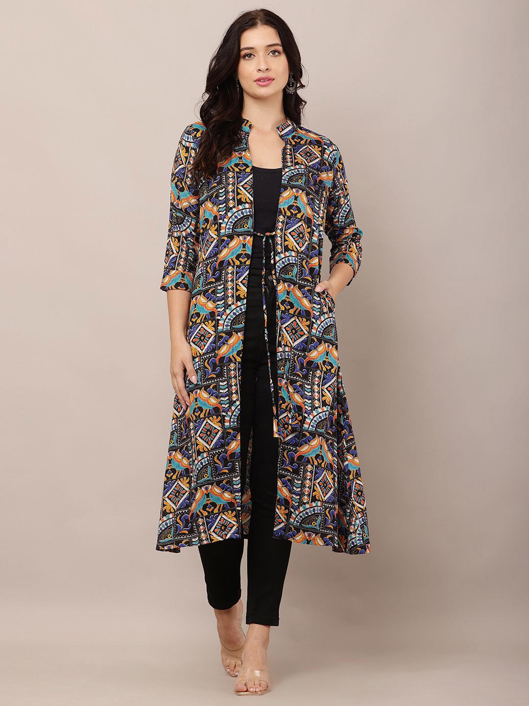 

HELLO DESIGN Ethnic Motifs Printed Front Open Longline Shrug, Black