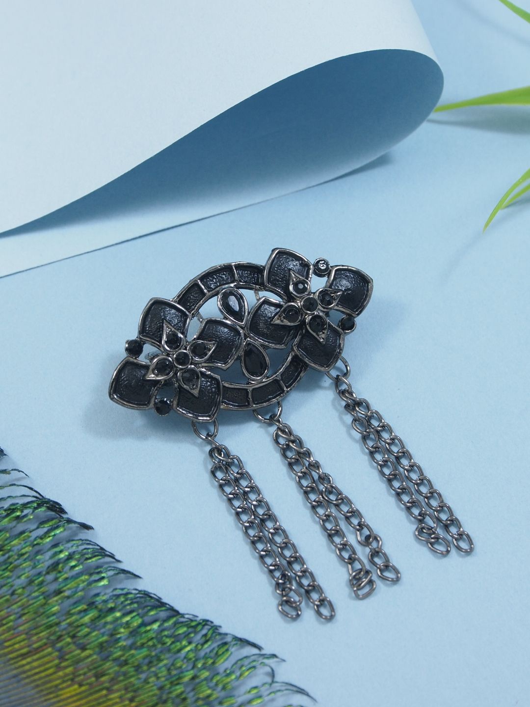 

I Jewels Safa Kalangi Oxidized Brooch, Black