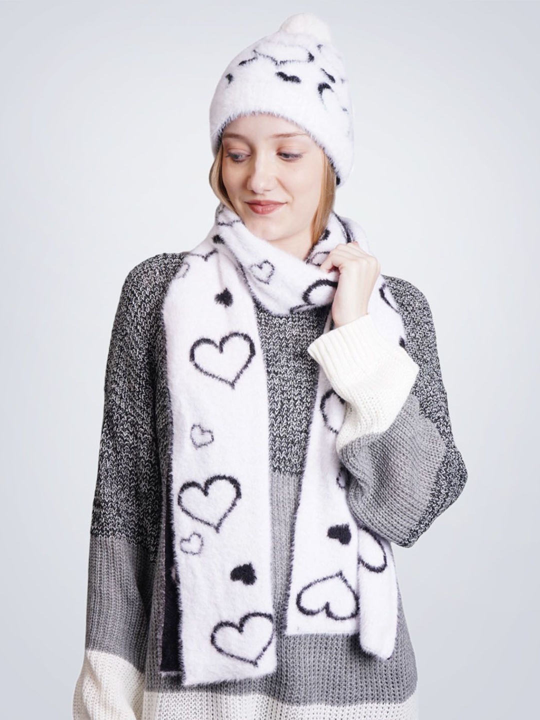 

Bharatasya Faux Fur pom knitted Fluffy Elegant Cap & Muffler Set, White