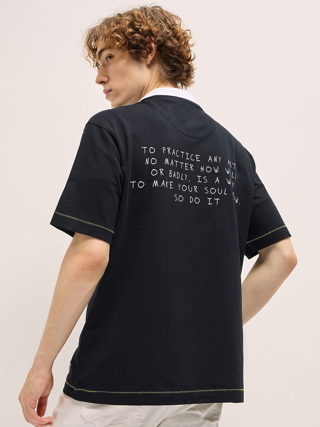 

THE BEAR HOUSE Men Oversized Fit Typography Back Printed Pure Cotton T-shirt, Black