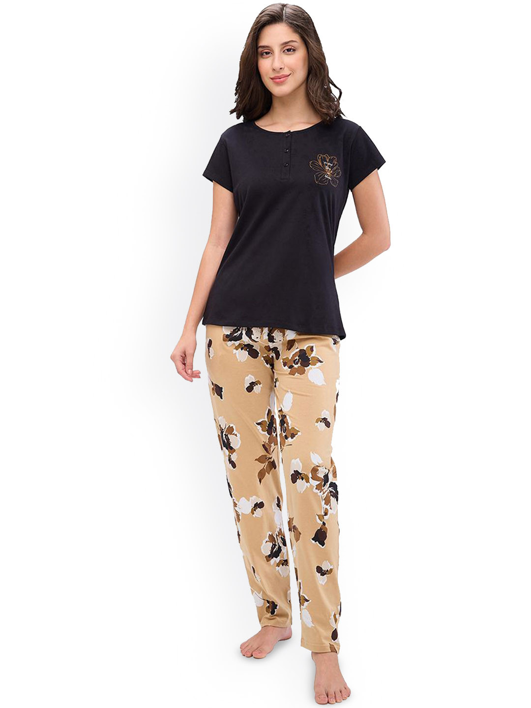 

Juliet Women Floral Printed Pure Cotton Round Neck Night suit, Black