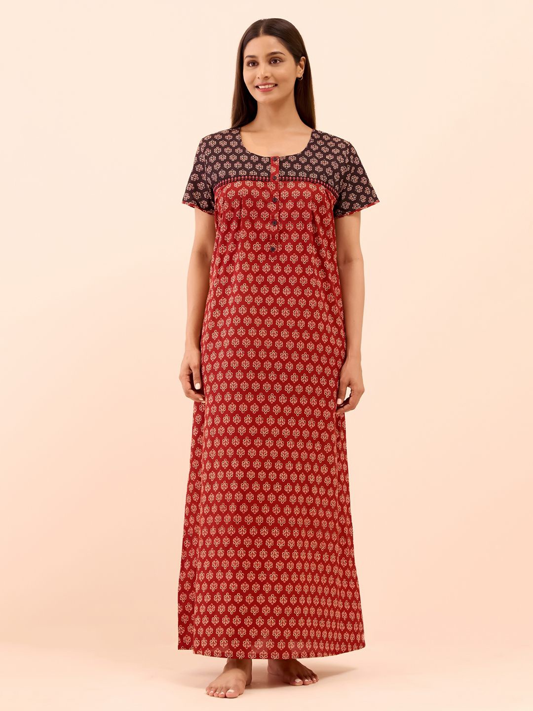 

Maybell Women Printed Cotton Short Sleeve Maxi Nightdress, Maroon