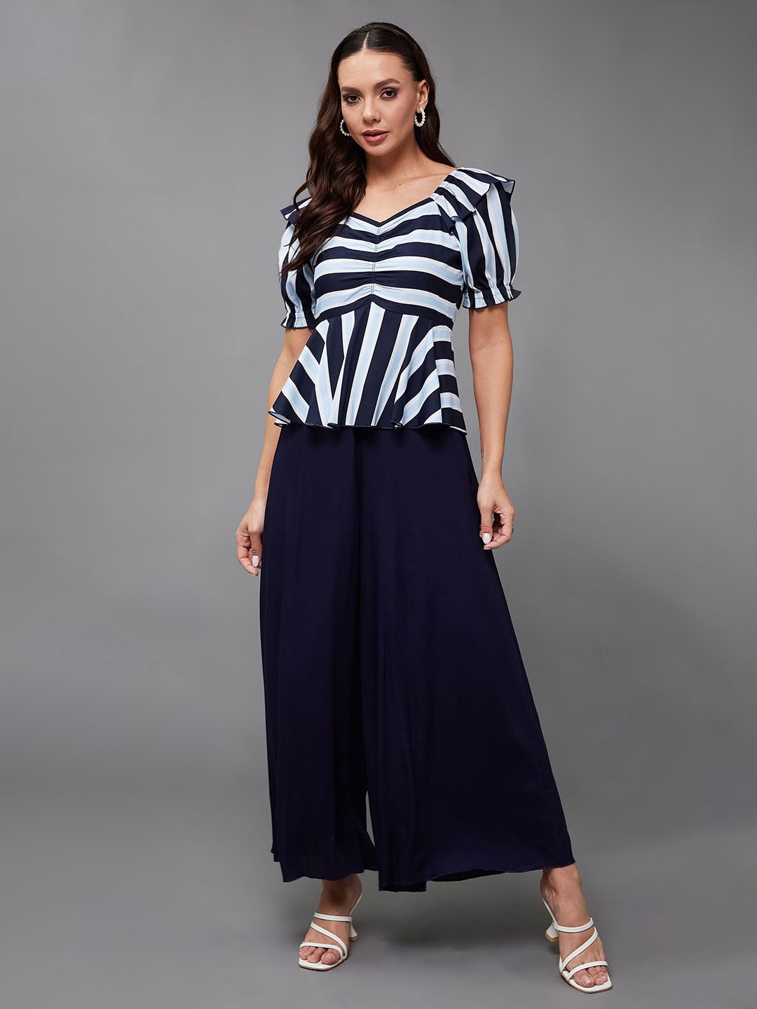 

Miss Chase Women Striped Ruffles Basic Jumpsuit, Navy blue