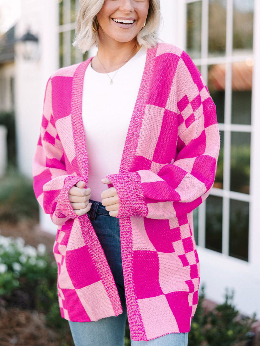 

StyleCast Women Checked Shawl Collar Long Sleeves Sweater, Pink