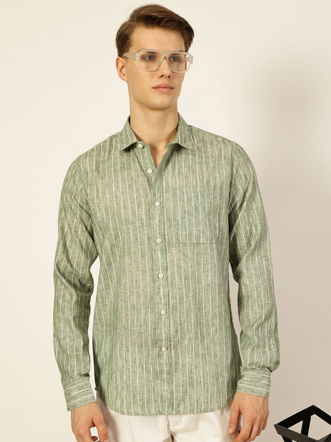 

Thomas Scott Men Premium Vertical Striped Linen Slim Fit Casual Shirt, Green