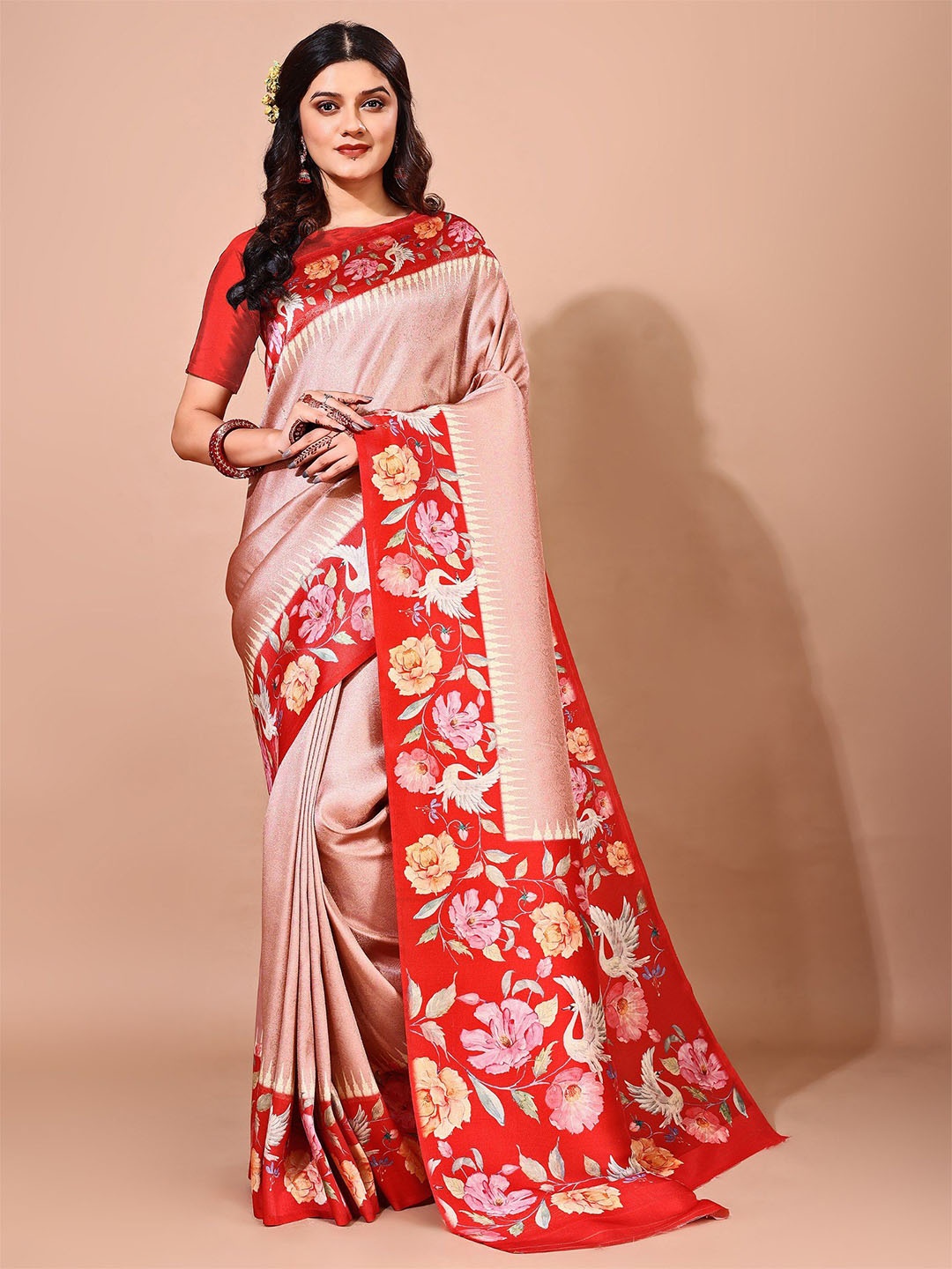 

Avyay Creation Woven Design Floral Printned Border Kanjeevaram Saree, Red