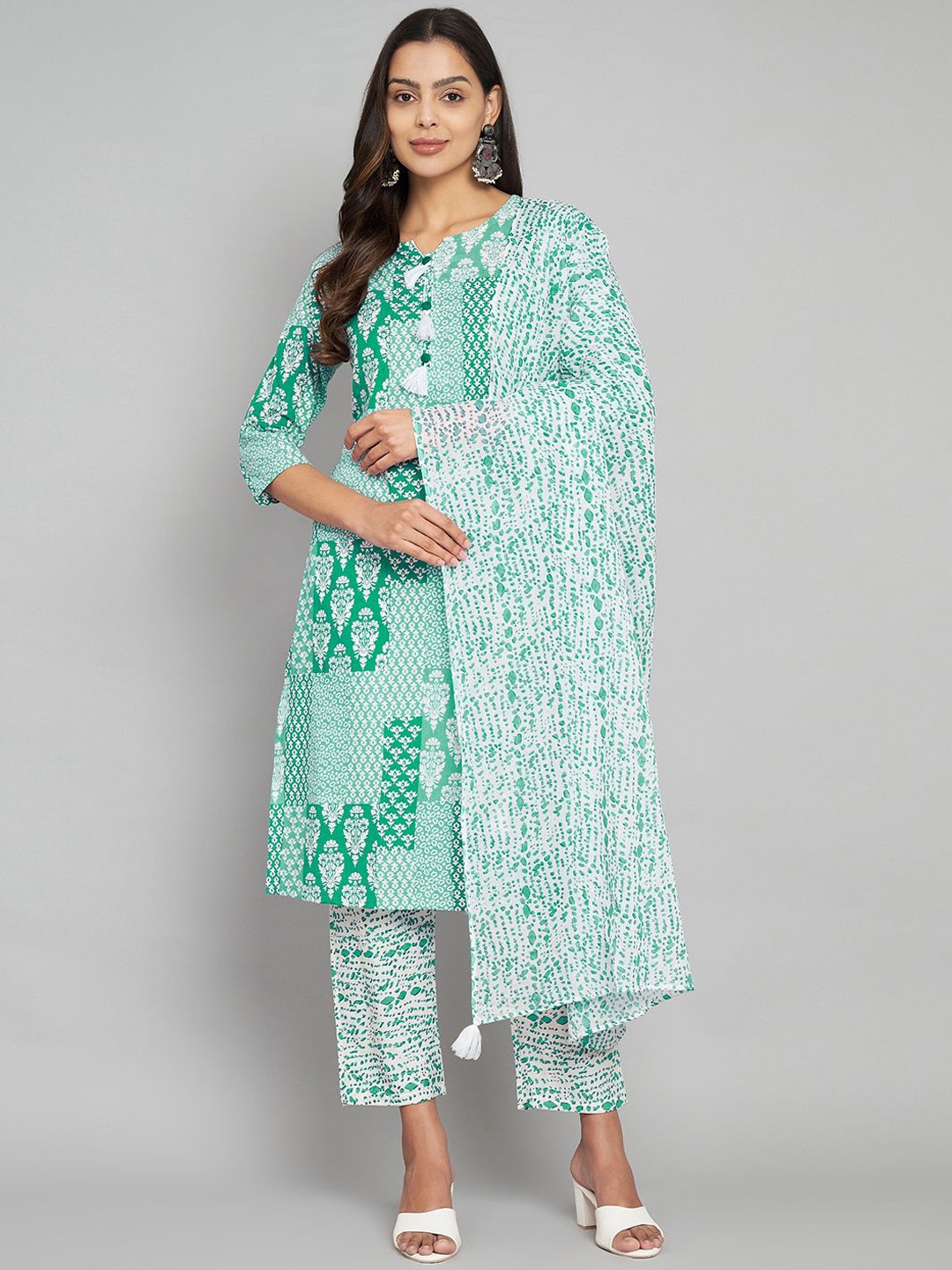 

KALINI Floral Printed Beads and Stones Pure Cotton Kurta With Trousers & Dupatta, Green