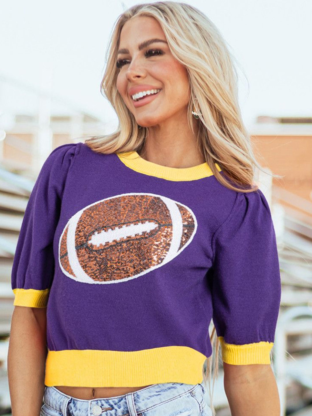

StyleCast Women Printed Round Neck Short Sleeves Crop Pullover Sweaters, Purple