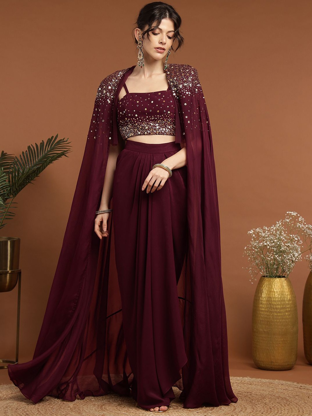 

RIRASA Embroidered Shoulder Strap Pure Silk Crop Top & Cape With Skirt, Maroon