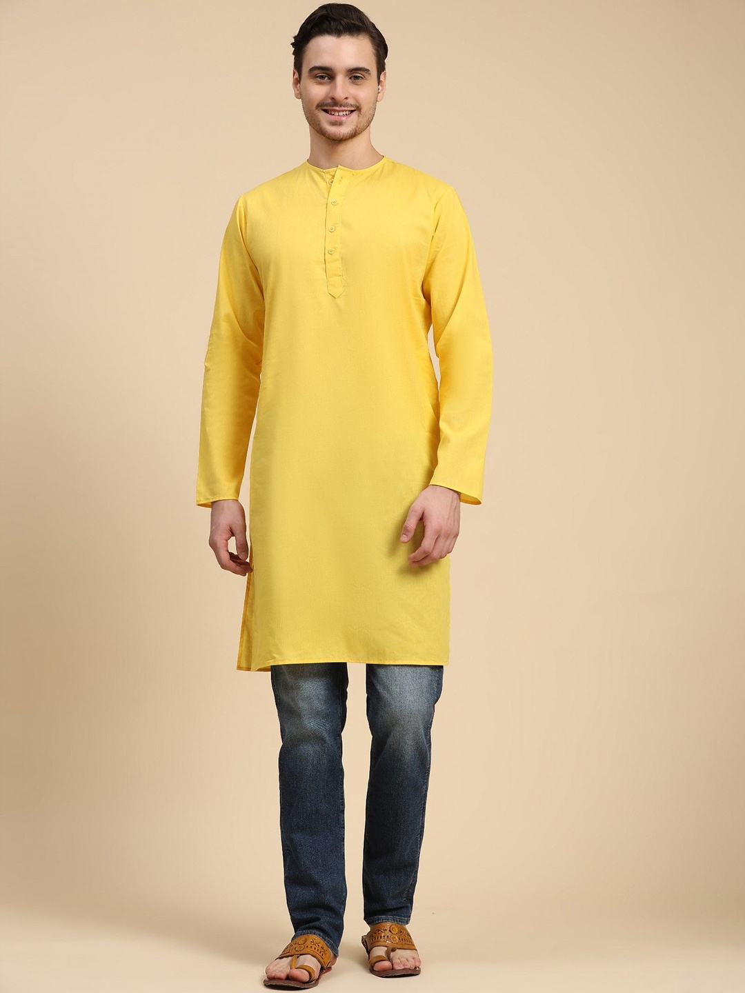 

SKAVIJ Band Collar Cotton Straight Kurta, Gold