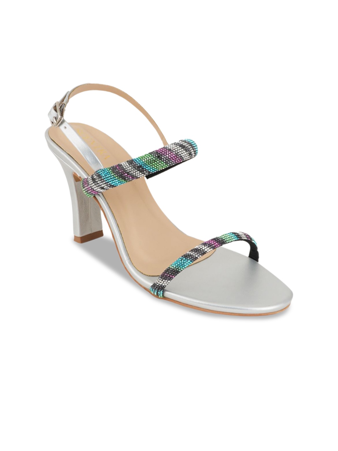 

SCENTRA Embellished Slim Heel Sandals with Buckles, Silver