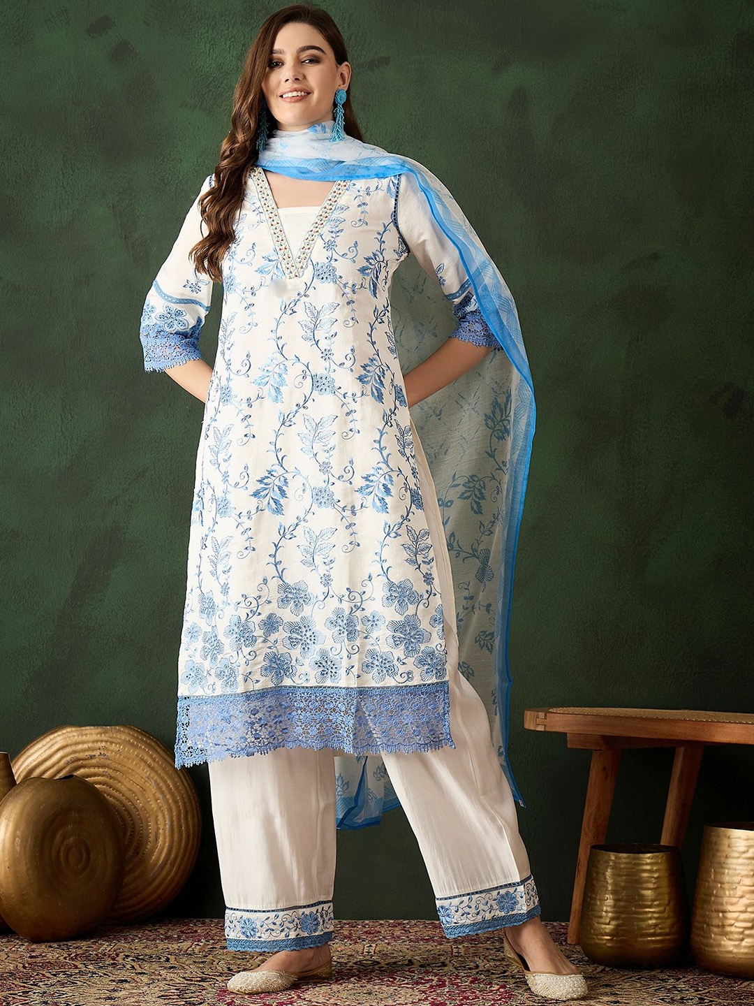 

Sangria Blue Floral Embroidered Thread Work Kurta With Trouser & Dupatta