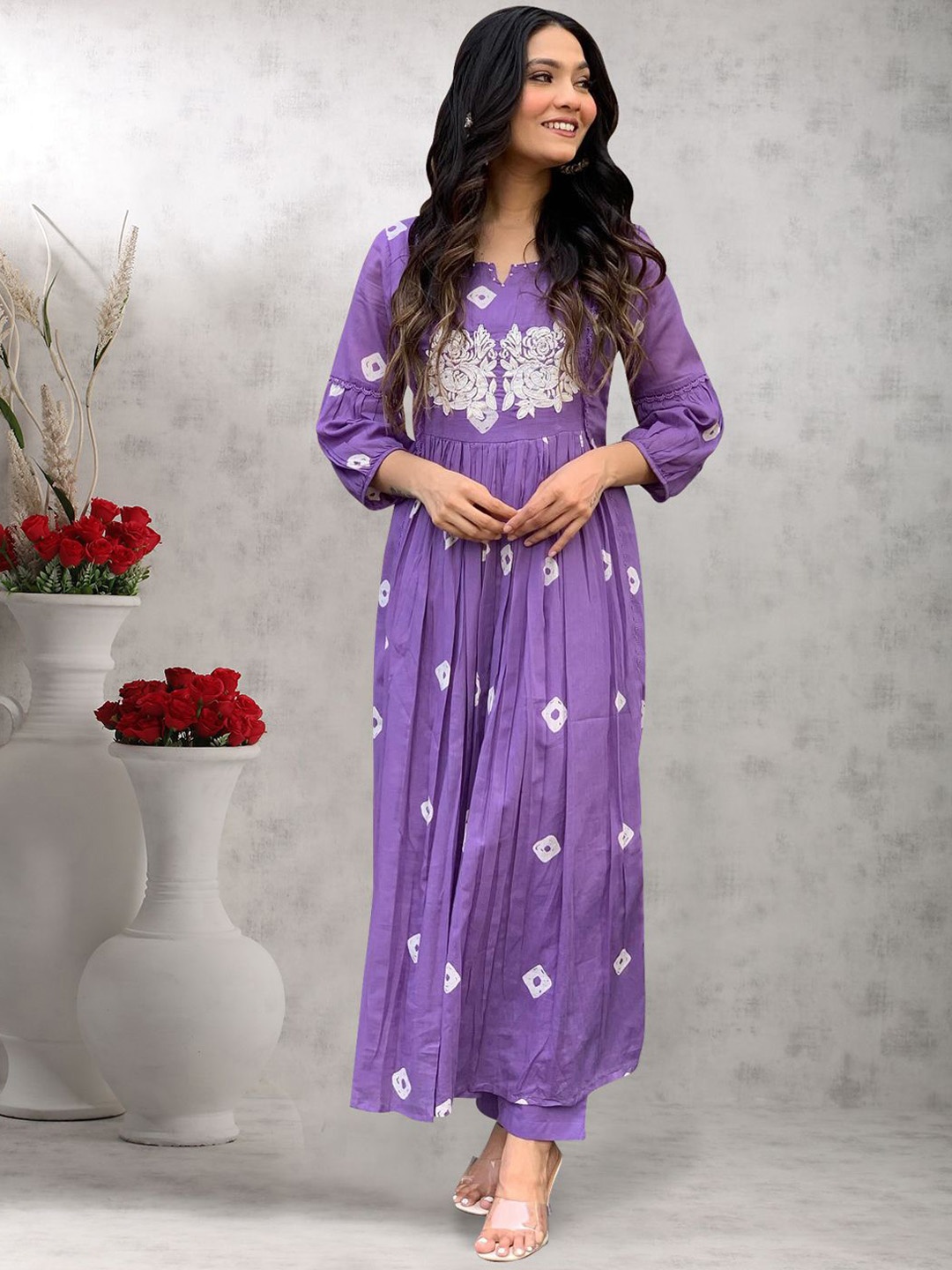 

Anni Designer Floral Embroidered Notch Neck A-Line Kurta With Trousers, Purple