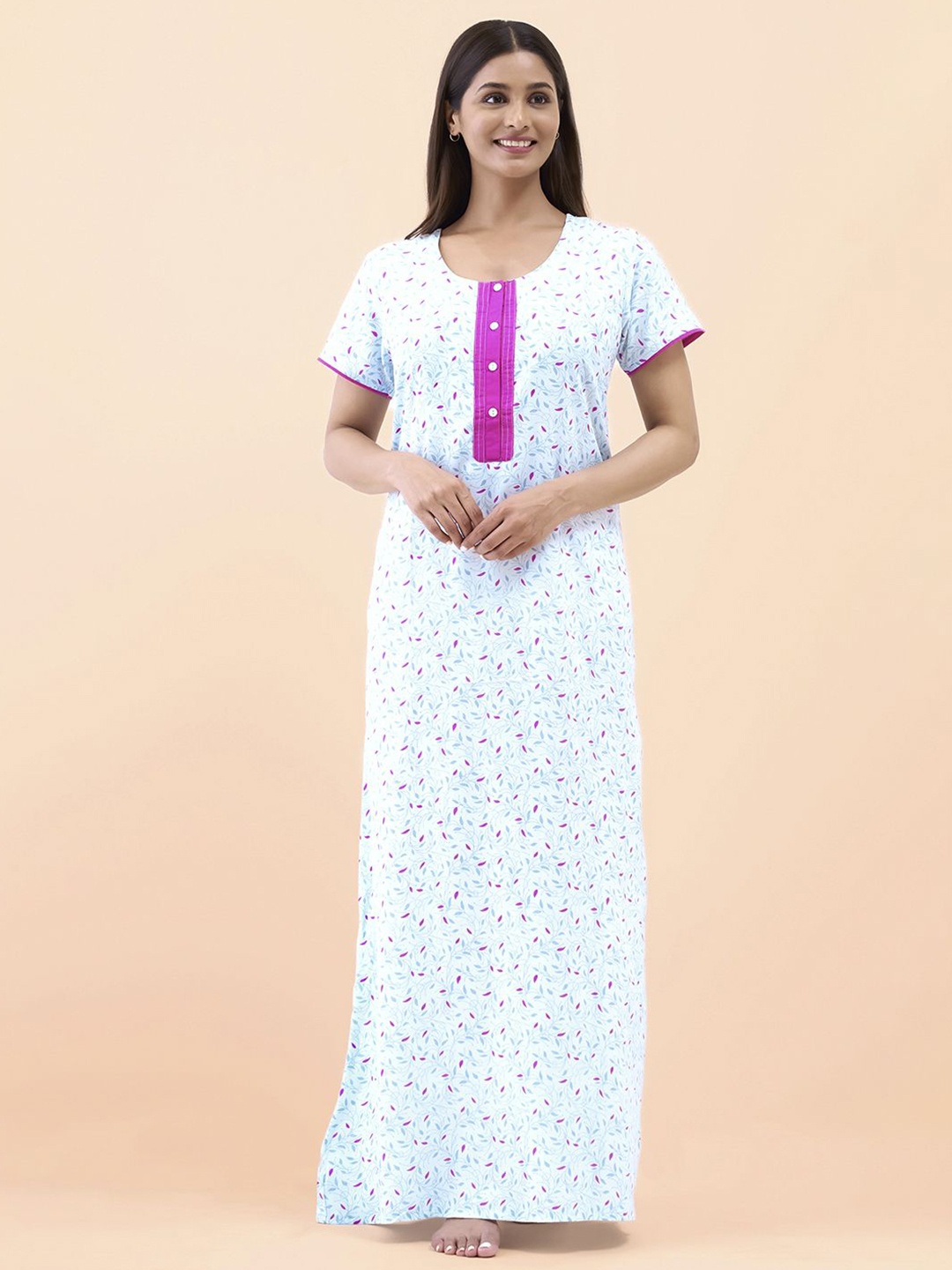 

Maybell Women Printed Round Neck Short Sleeves Everyday Maxi Nightdress, Blue