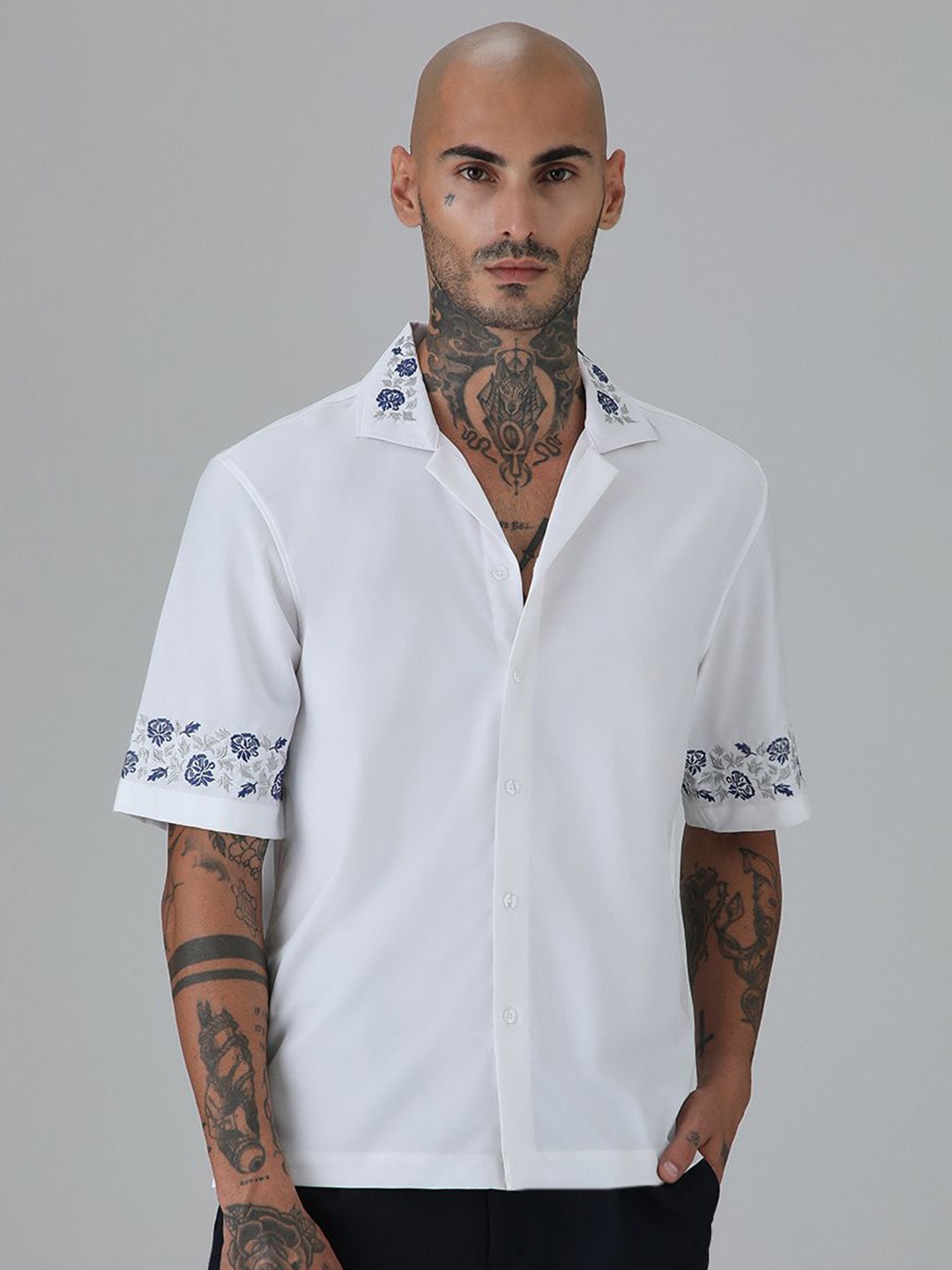 

Banana Club Men Classic Slim Fit Floral Embroidery Casual Shirt, White