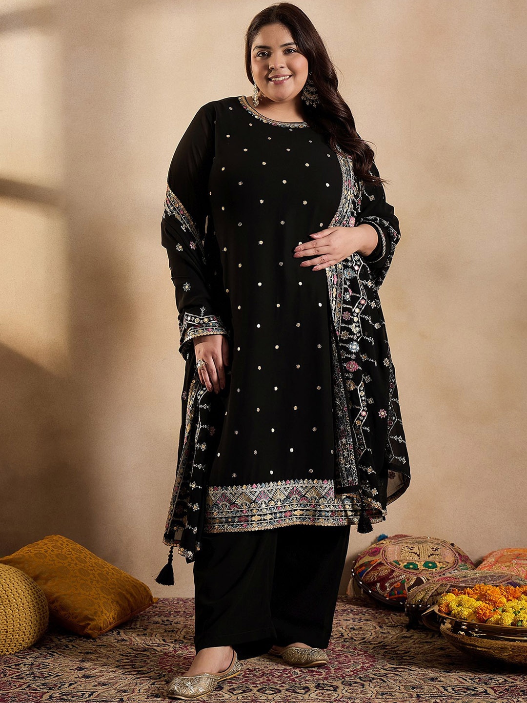 

INDDUS PLUS Ethnic Motifs Embroidered Thread Work Georgette Kurta with Palazzo & Dupatta, Black