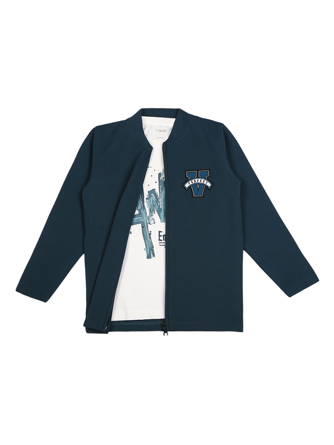 

CAVIO Boys Textured Lightweight Open Front Jacket With T-shirt, Turquoise blue