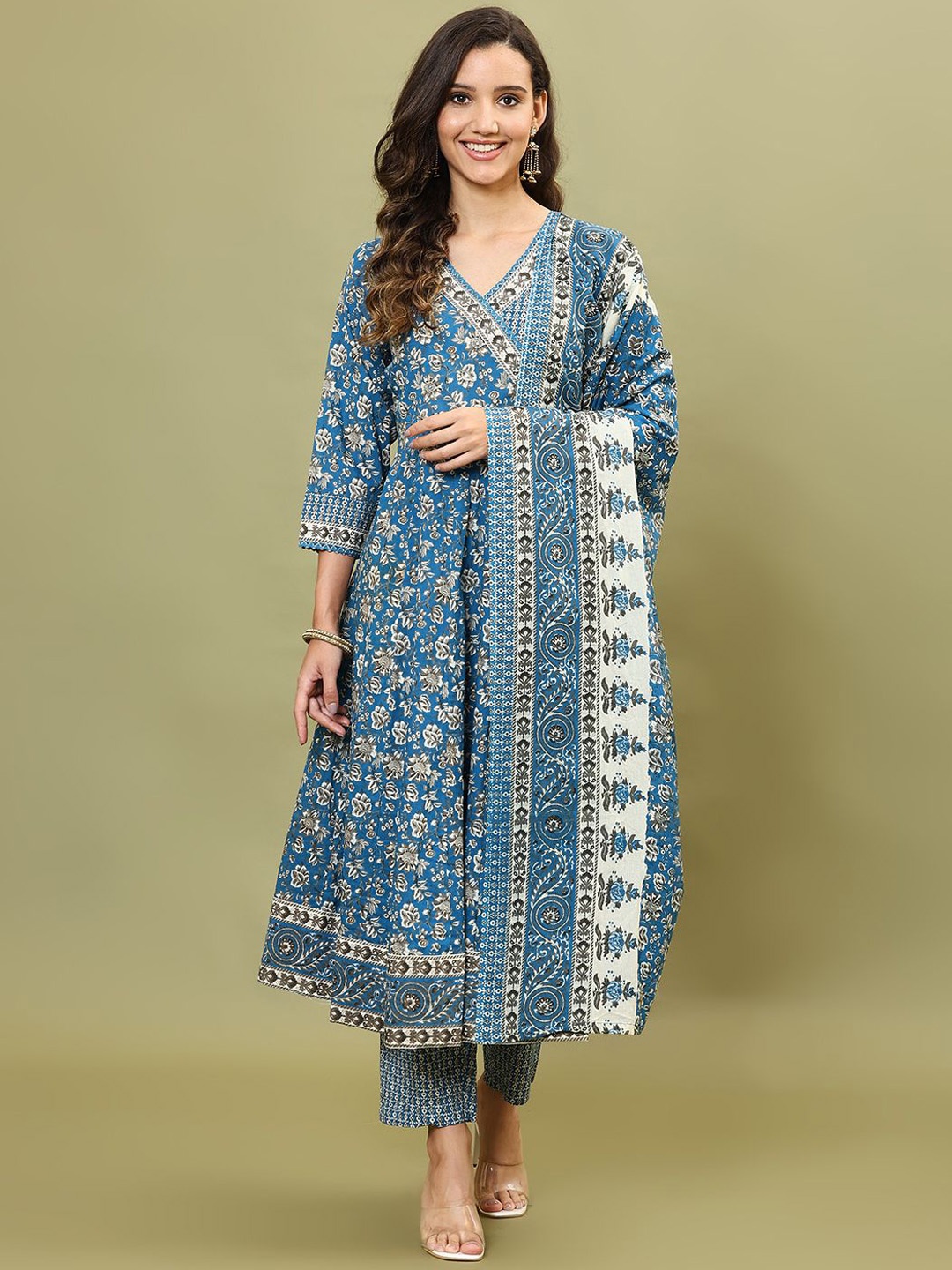 

Meena Bazaar V-Neck Floral Printed Angarkha Anarkali Kurta with Trouser & Dupatta, Blue