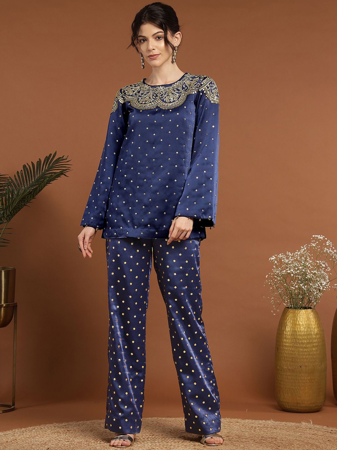 

RIRASA Floral Embroidered Round Neck Long Sleeves Top With Trouser, Blue