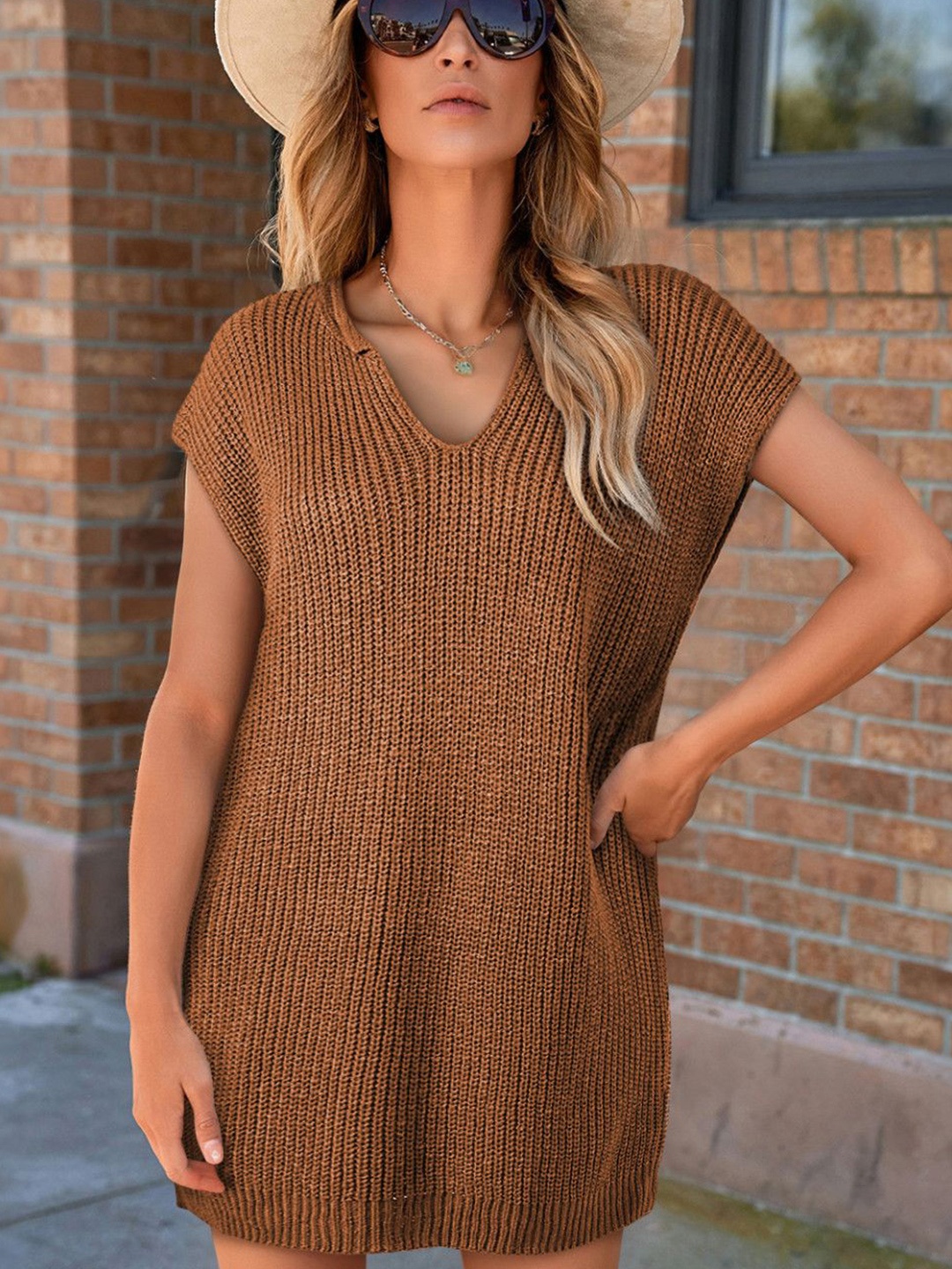 

StyleCast Women V-Neck Sleeveless A-Line Mini Dress, Camel brown