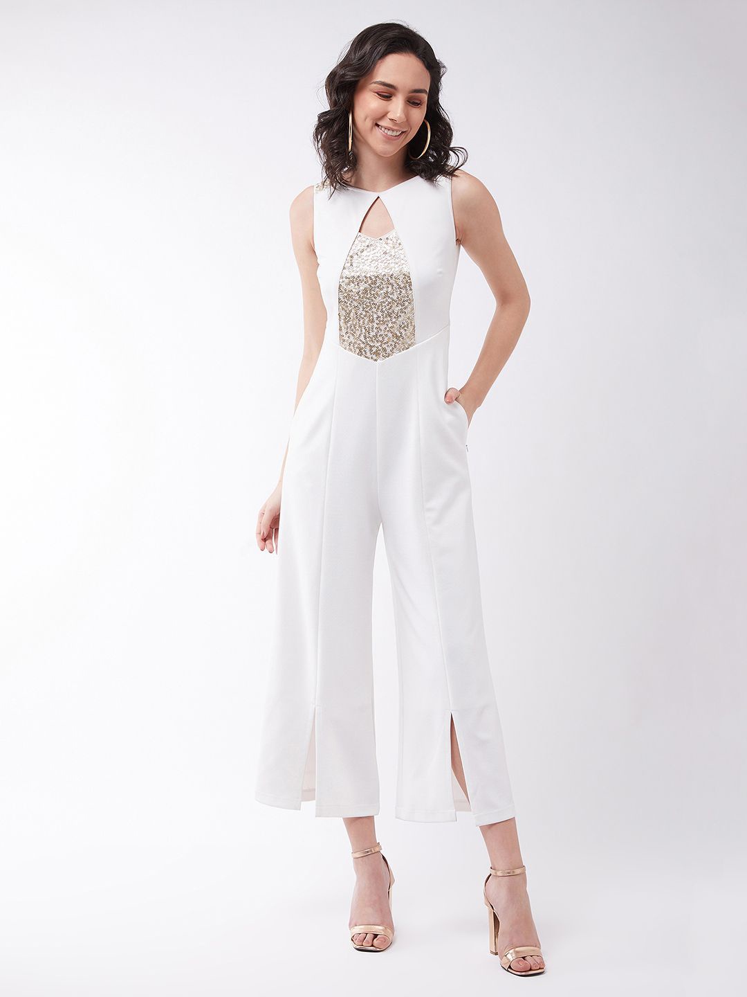 

Miss Chase Women Embellished Sequined Basic Jumpsuit, White