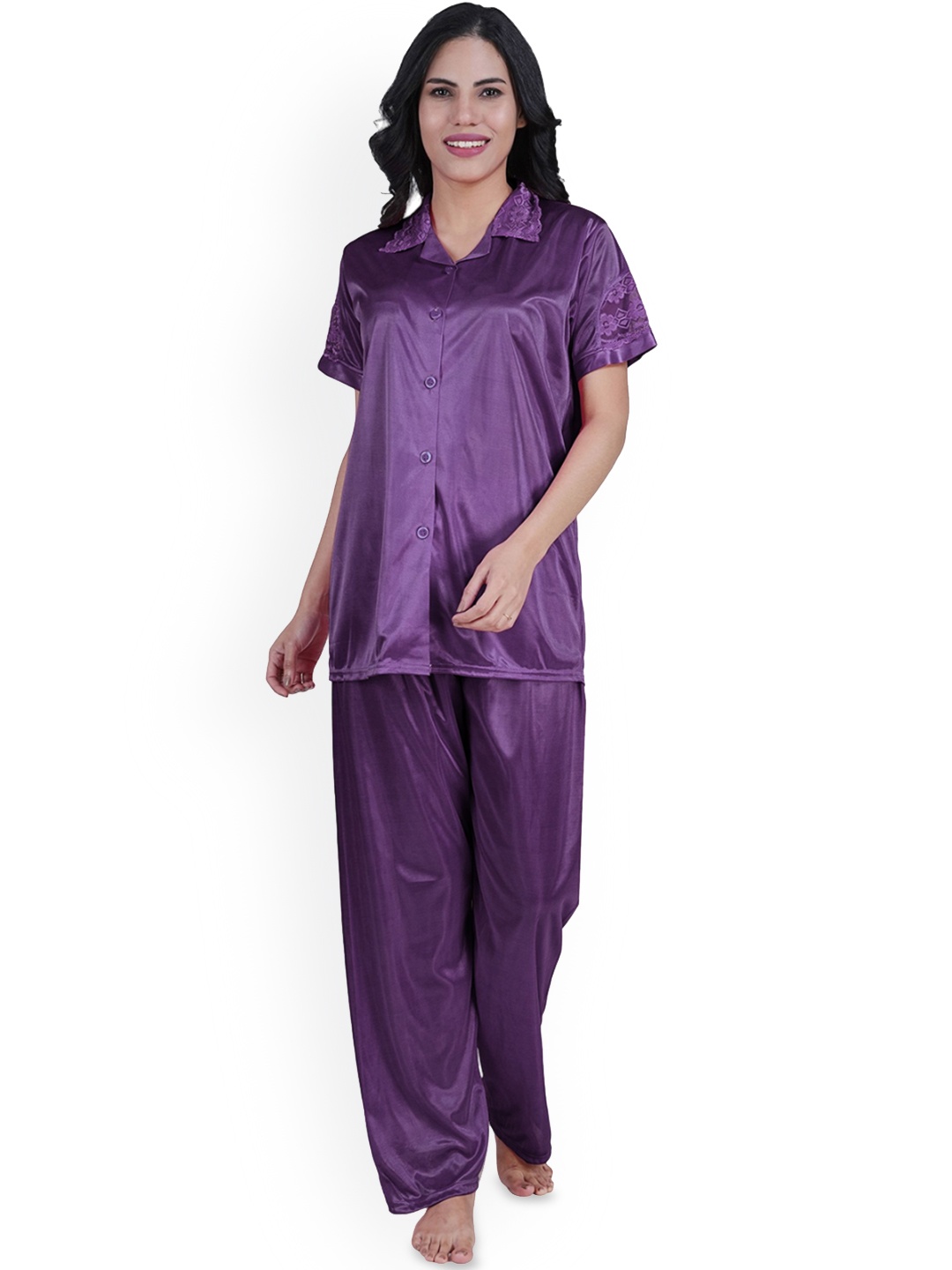 

Noty Women Front Open Night suit with Lace Work, Violet