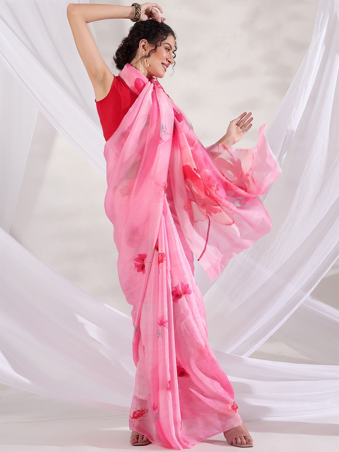 

REETI OF PRINTS Floral Pure Chiffon Saree, Pink
