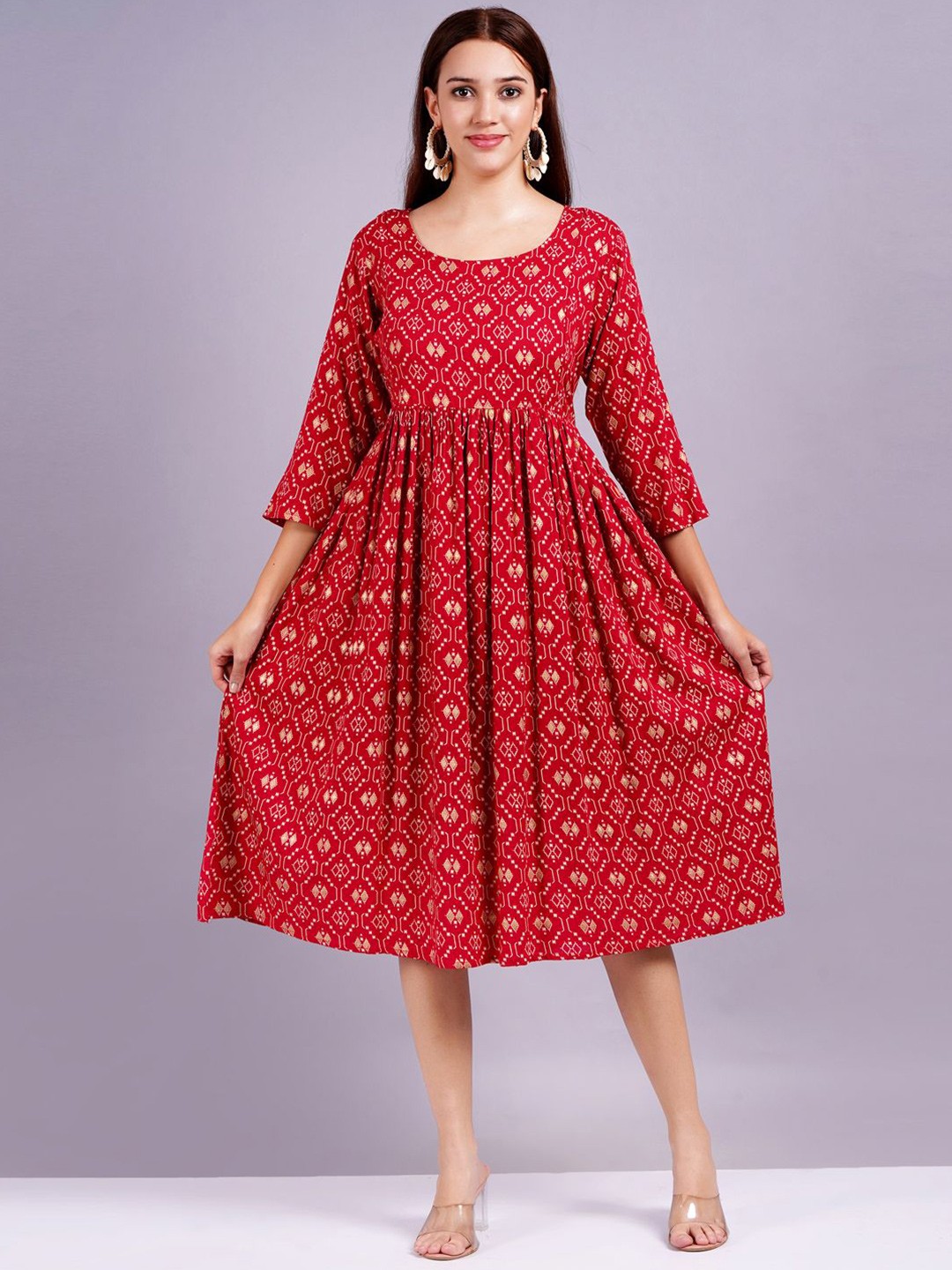 

JC4U Women Ethnic Motifs Printed Fit & Flare Dress, Red