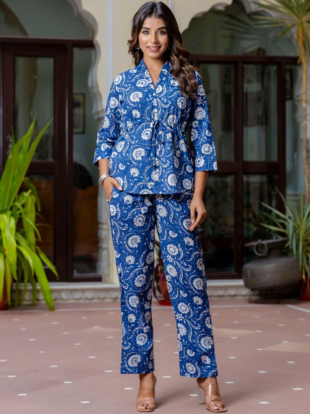 

KALINI Printed Shawl Neck Top With Trousers, Blue