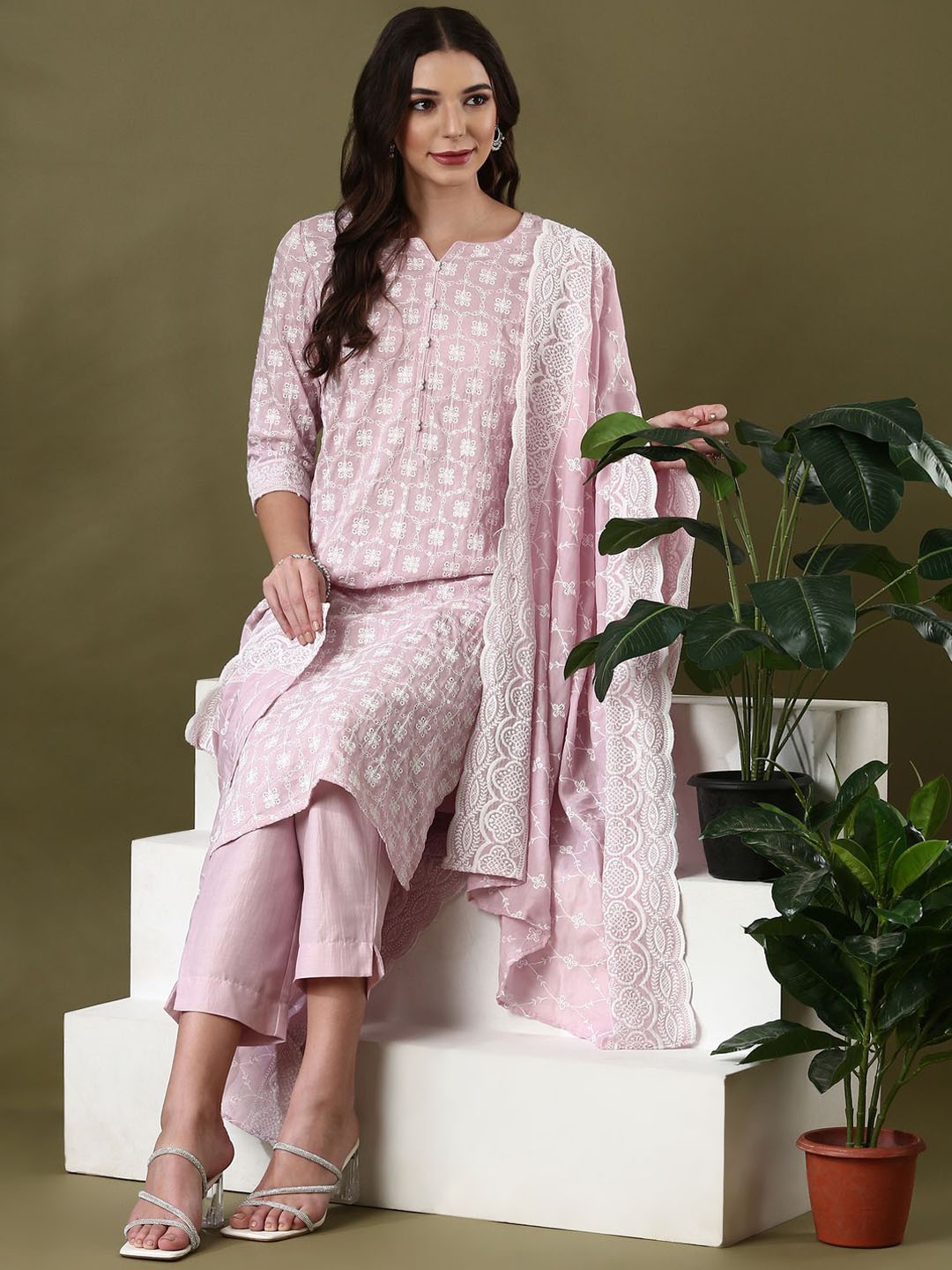 

Anouk Pink Floral Embroidered Pure Cotton Straight Kurta With Trousers & Dupatta