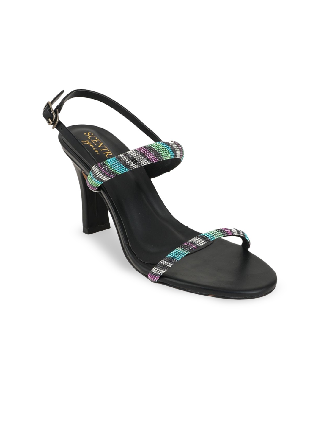 

SCENTRA Women Embellished Round Neck Party Block Heel Sandals, Black