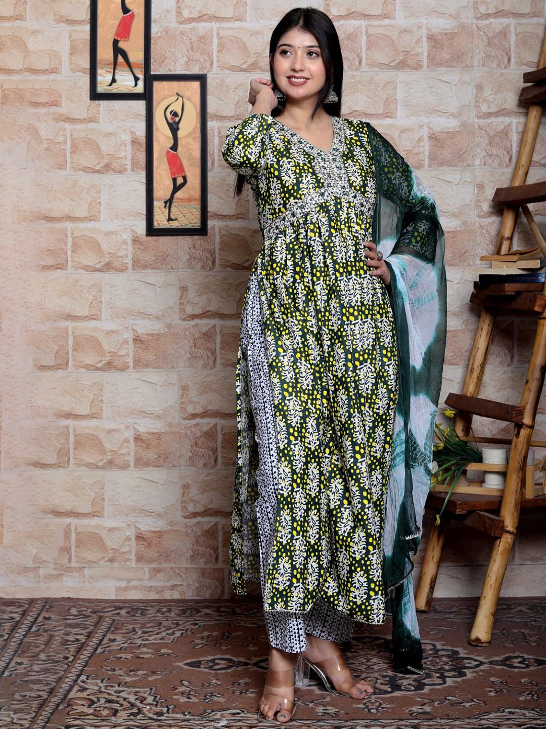 

MILAAV V-Neck Floral Printed Pure Cotton Empire A-Line Kurta with Trousers & Dupatta, Green