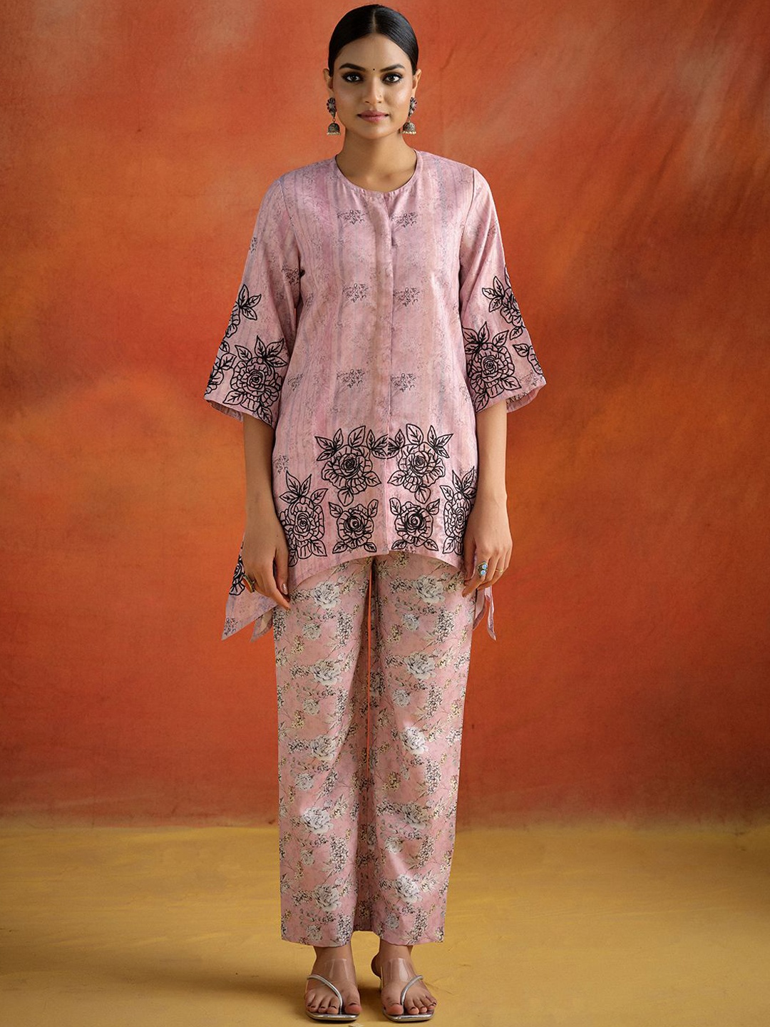 

Jaipur Kurti Embroidered Asymmetrical Tunic With Palazzo, Pink
