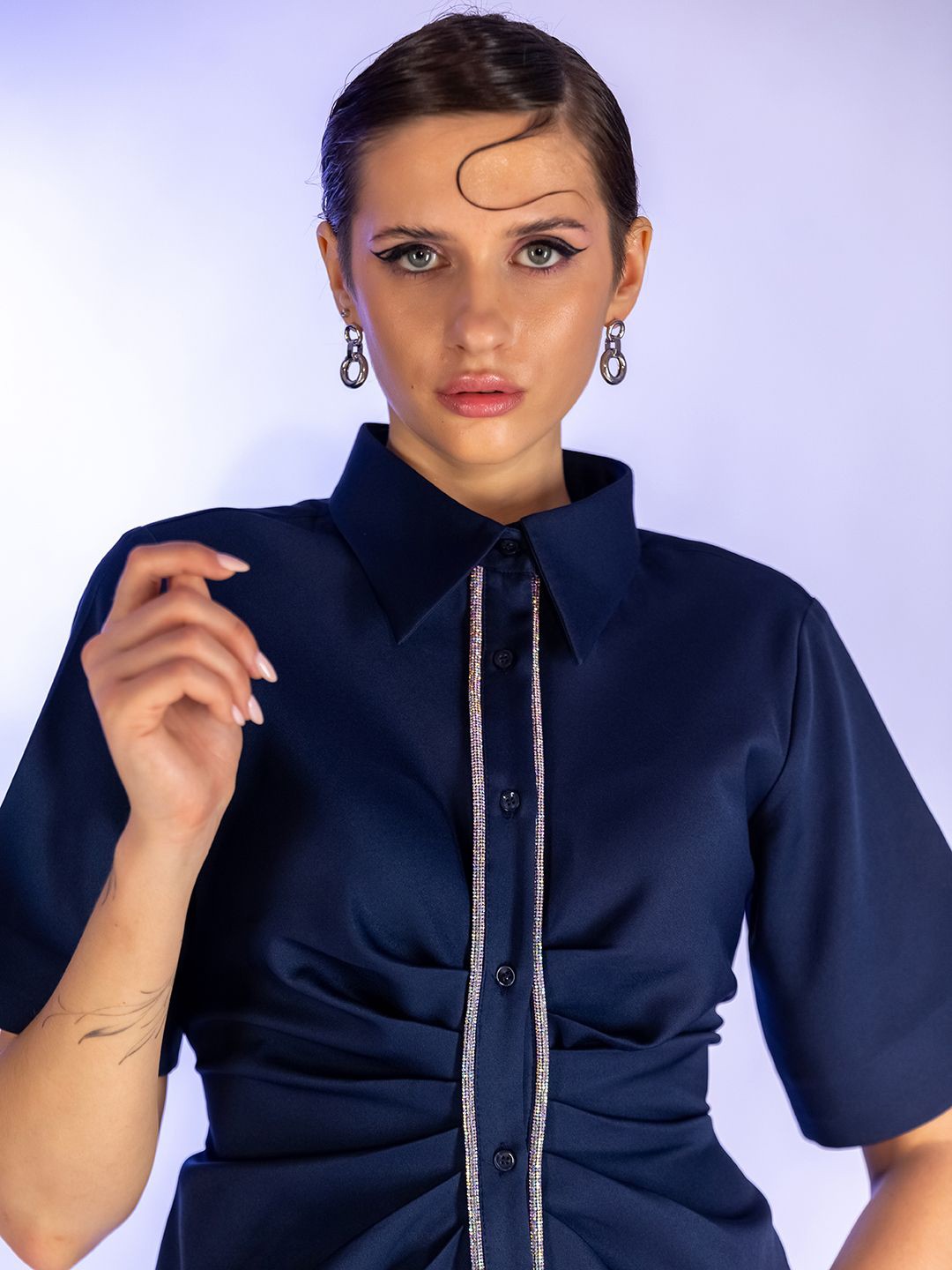 

JENI PAPO Women Drape Rhinestone Shirt Dress, Blue